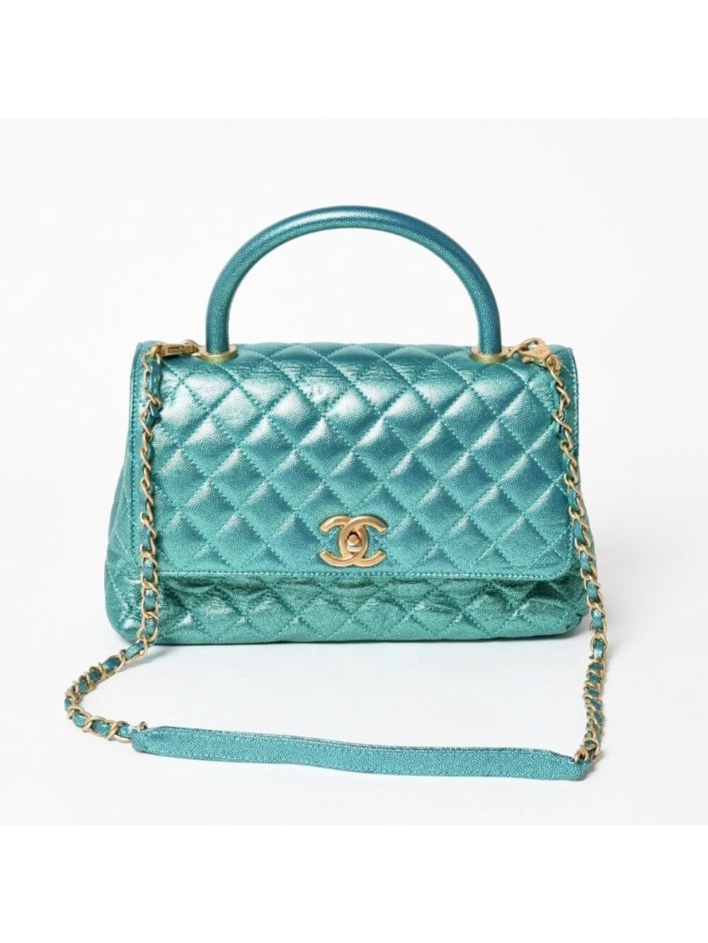 Chanel Coco Handle 29 2-Way Bag CC Logo Caviar Leather Metallic Green Gold